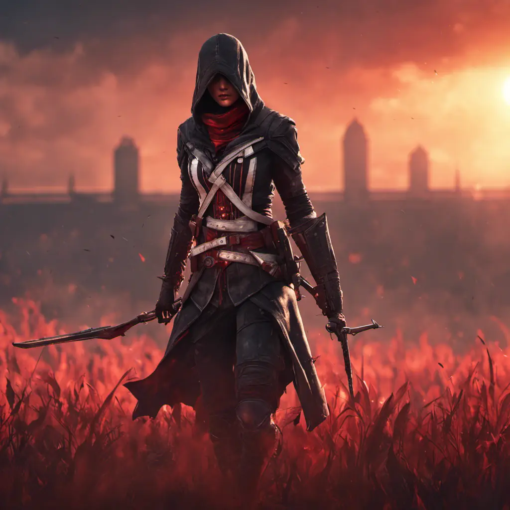 Female assassin creed emerging from a batte field. Sky is colored by a red sun set., 8k, Dystopian, Trending on Artstation, Volumetric Lighting