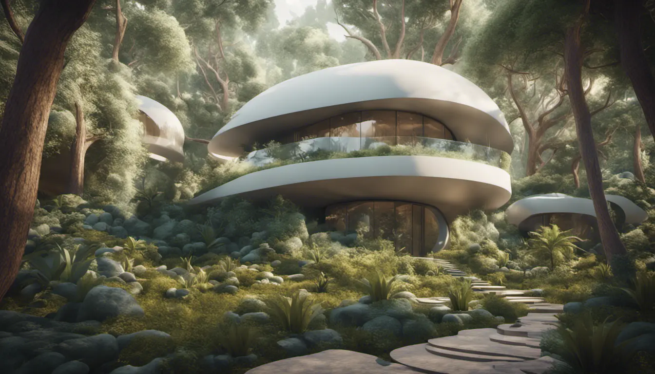 Beautiful futuristic organic house made from imaginary plants in a forest, 8k, Award-Winning, Highly Detailed, Beautiful, Epic, Octane Render, Unreal Engine, Radiant, Volumetric Lighting by Greg Rutkowski