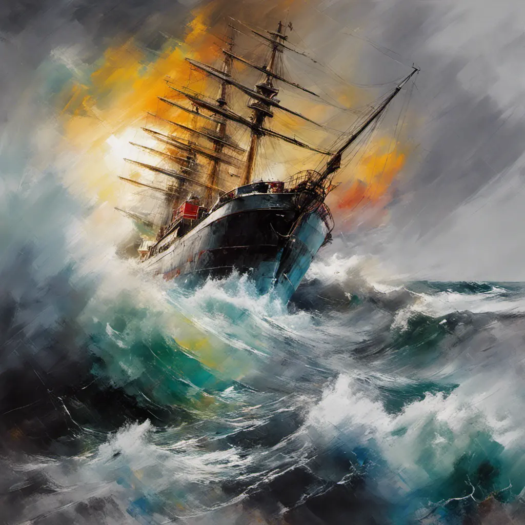 Seascape, ship on the high seas, storm, high waves, colored ink , Stunning, Stormy Day, Volumetric light effect, Grayscale, Vibrant Colors by Michael Garmash, Loui Jover