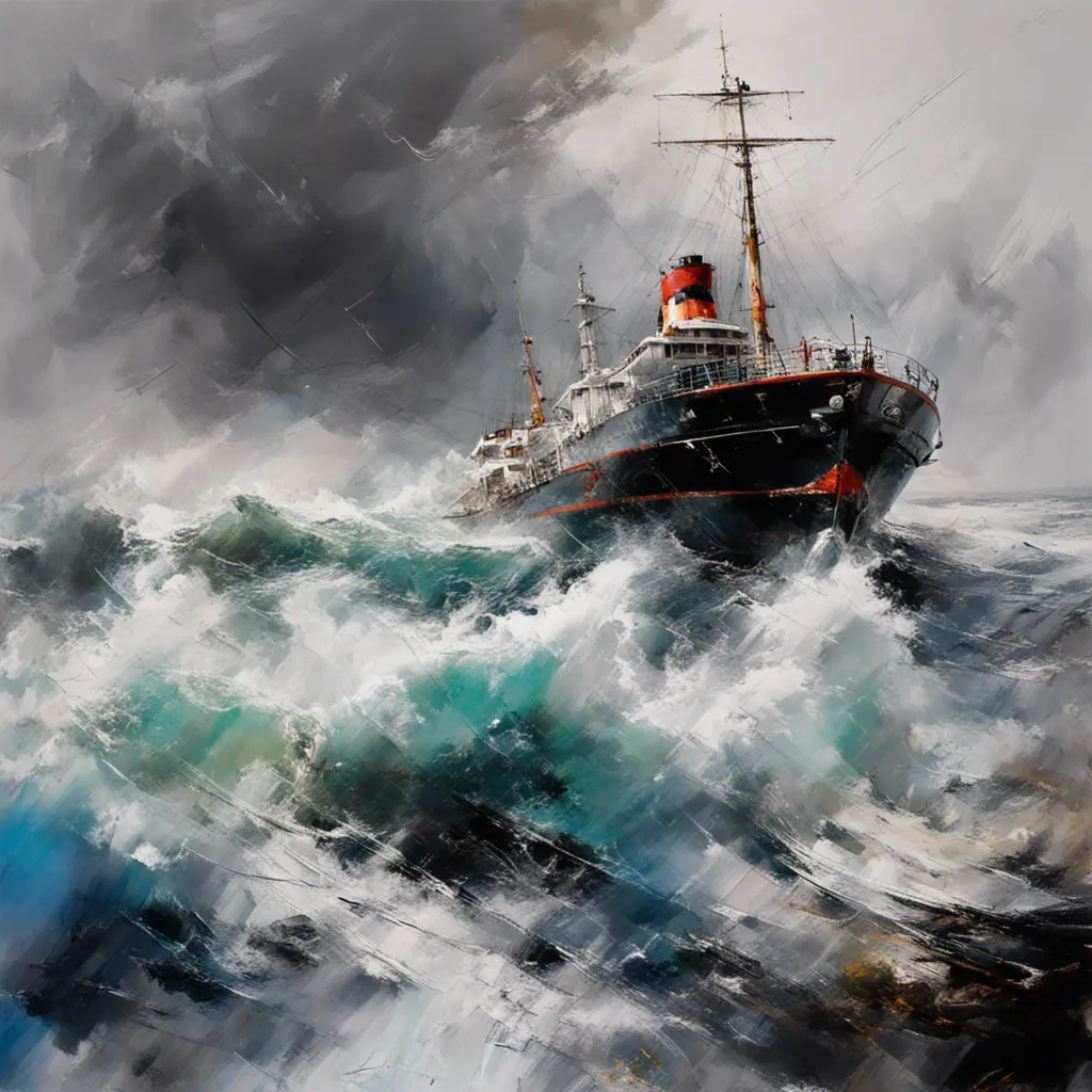 Seascape, ship on the high seas, storm, high waves, colored ink , Stunning, Stormy Day, Volumetric light effect, Grayscale, Vibrant Colors by Michael Garmash, Loui Jover