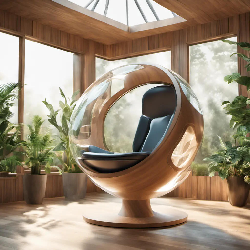 Futuristic sci-fi pod chair, Flat Design, Product-View, transparent orb, product photography, plants, natural wooden environment, 8k, Sci-Fi, Natural Light