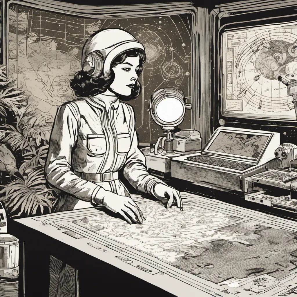 A woman dressed in an old-fashioned space outfit, with a constellations map in a desk and an astrolab in the hand in a jungle. Detailed image with vintage vidéo game animation style, with great lighting and tension., Vintage Illustration, Retro-Futurism