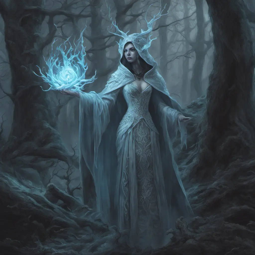 Ice mage in a haunted forest, Highly Detailed, Intricate, Gothic, Volumetric Lighting, Fantasy, Dark by Stanley Artgerm Lau