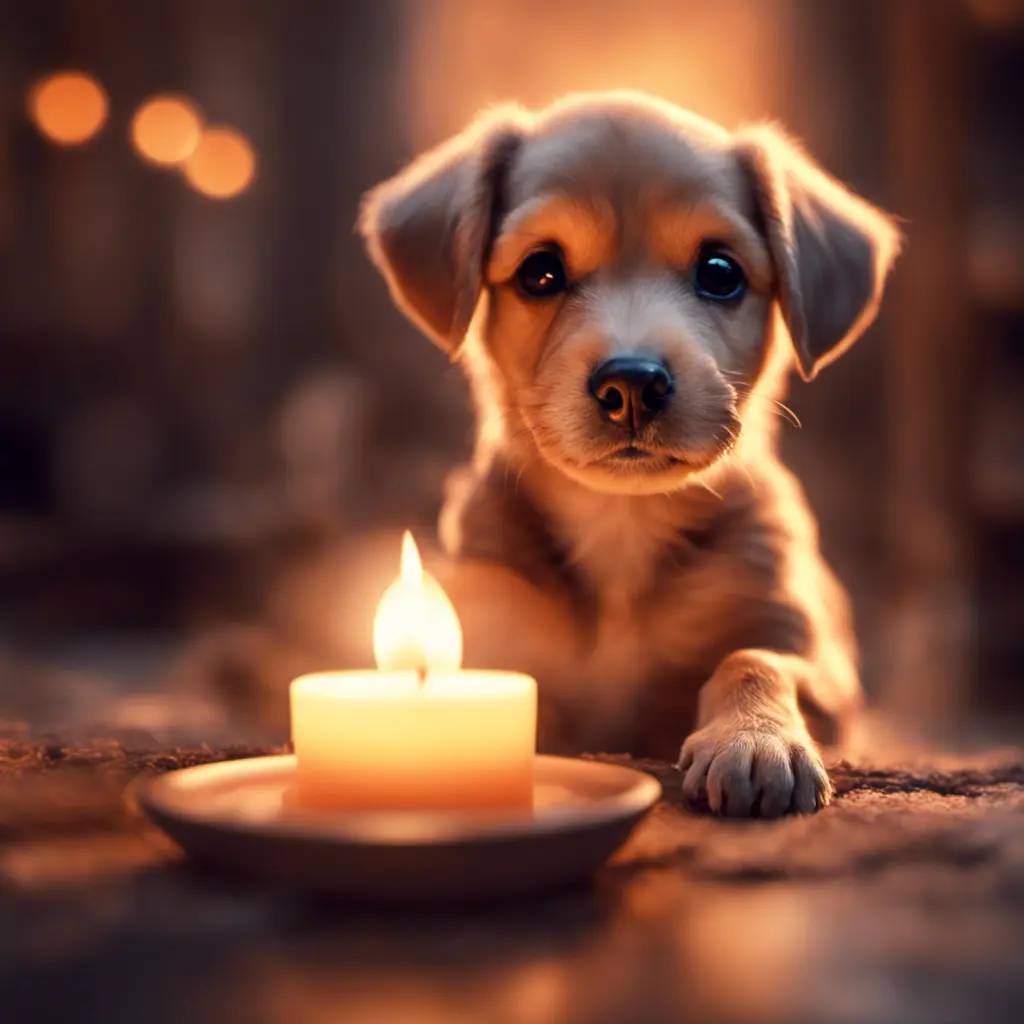 Epic shot of ultra cute puppy in a warm cozy evening candle lit atmosphere, Digital Painting, Photo Realistic, Sharp Focus