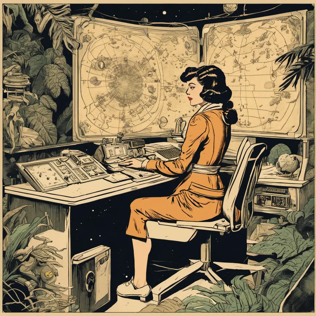 A woman dressed in an old-fashioned space outfit, with a constellations map in a desk and an astrolab in the hand in a jungle. Detailed image with vintage vidéo game animation style, with great lighting and tension., Vintage Illustration, Retro-Futurism