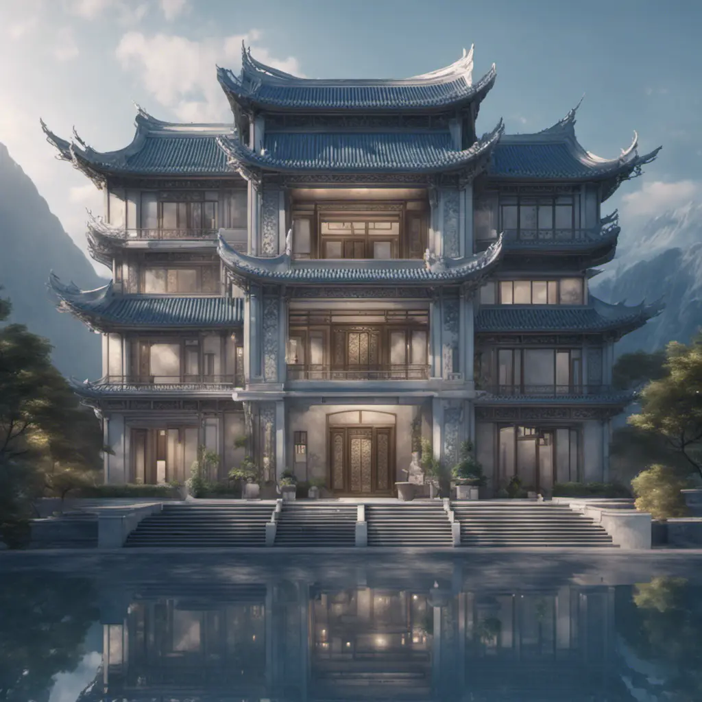 A gorgeous Chinese - style high - rise villa stands in the valley, luxurious majestic silver - grey blue antique palace, 8k, HD, High Definition, Trending on Artstation, Soft Lighting