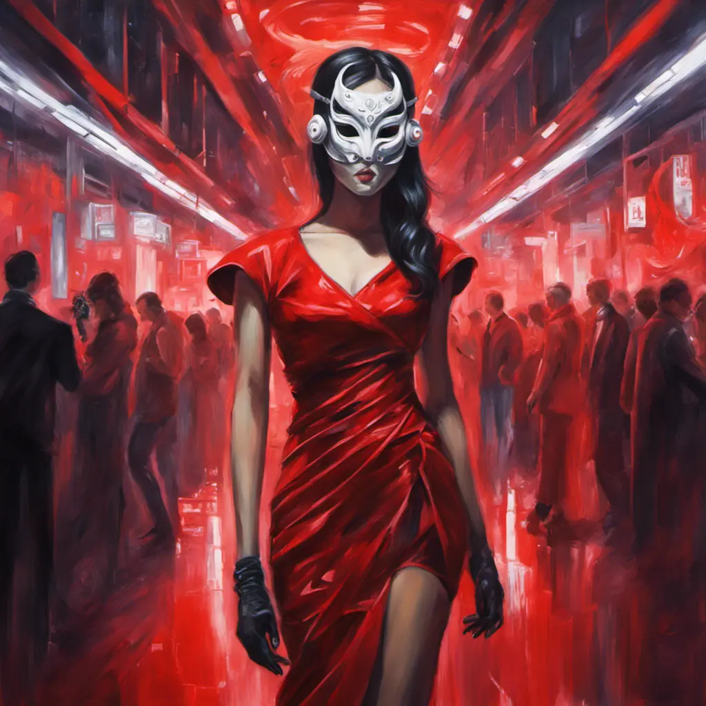 Asian cyberpunk feme fatale in expensive red dress with mask at a masquerade ball smart but dangerous in a high-tech club., Oil on Canvas, Photo Realistic