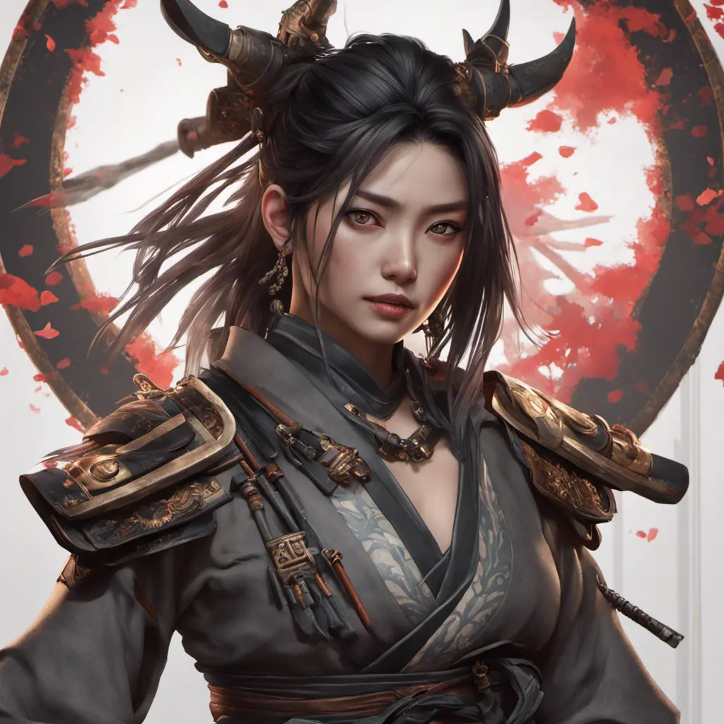 "female Japanese ronin", heroine, katana, samurai, head and shoulders portrait, intricately detailed eyes, 8k, Gothic and Fantasy, Trending on Artstation, Unreal Engine, Dynamic Lighting, Volumetric Lighting by Stanley Artgerm Lau, WLOP