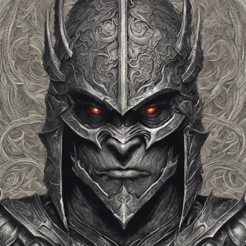 A close up of an orc wearing a helmet, ornate dramatic bat wing helmet, digital 2d fantasy art, intricate armor, face of an armored villian, Highly Detailed, Symmetrical Face, Dark Souls, Concept Art, Fantasy, Dark by Alex Grey, Dan Mumford