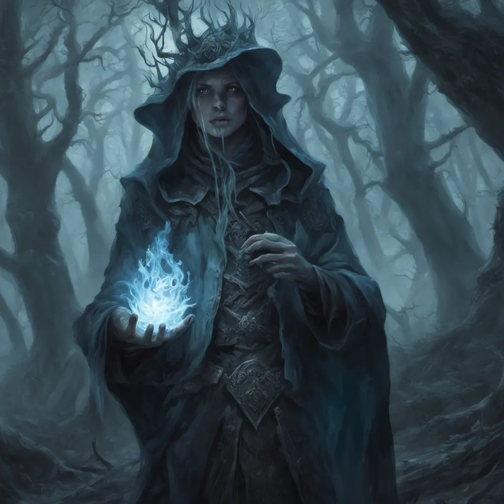 Ice mage in a haunted forest, Highly Detailed, Intricate, Gothic, Volumetric Lighting, Fantasy, Dark by Stanley Artgerm Lau