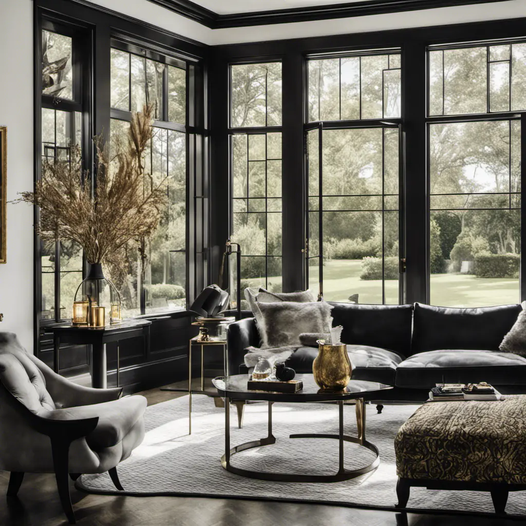 Interior architectural hi-res editorial award photo living room with a small glass wall, victorian coastal Villa inspired by the old town, in Hamptons, black and gold toned, High Resolution, Highly Detailed, Intricate Details, Photo Realistic, Natural Light