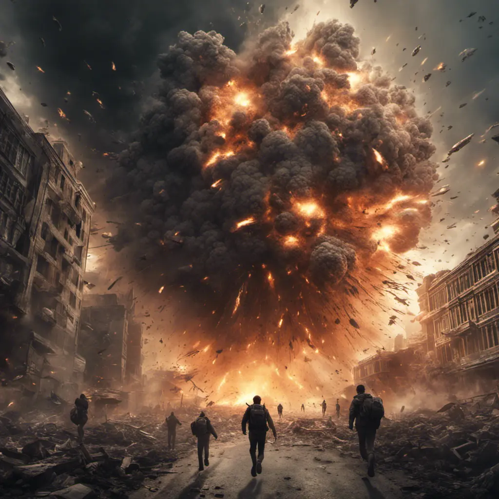 a mass explosion on earth that destroys all of humanity, scary, massive explosion, humans running away from it, 8k, Dystopian, Dark