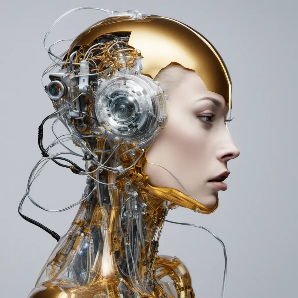 Profile Photography of a cyborg woman head without body, connected by cables and wires and LED, an attractive transparent gold plexiglass body punk PLC Robots with silver motor head, with ray guns, 80 degree view, Cybernatic and Sci-Fi by Salvador Dali, James Jean, Natalie Shau