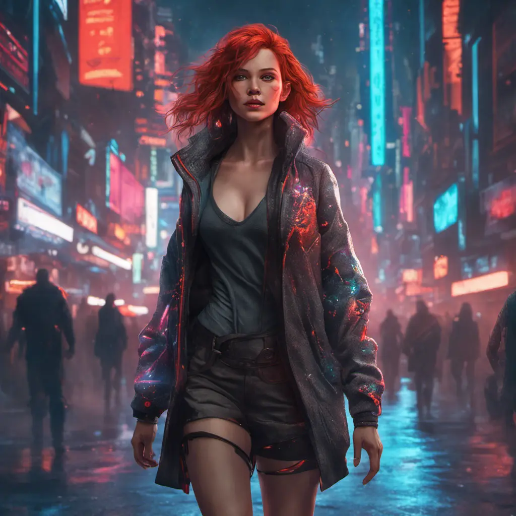 full body shot, beautiful woman walking with beatiful and detailed eyes, dynamic pose, slightly athletic beatiful body, medium-sized chest, detailed attire, Hyper Detailed, Intricate Artwork, Masterpiece, Cybernatic and Sci-Fi, Cyberpunk, Freckles, Full Lips, Red Hair, Smiling, Digital Illustration, Cityscape, Blade Runner 2049, Neon light effect, Realistic, Sharp Focus, Wide Angle, Neon, Dripping Colors, Matte, Futurism, Artwork, Dieselpunk, Colorful, Dynamic, Elegant, Expressive, Graceful, Hot, Gloomy, Sad, Stormy, Terrifying, Tired