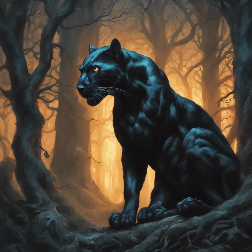 Panther in a haunted forest, Highly Detailed, Intricate, Gothic, Volumetric Lighting, Fantasy, Dark by Stanley Artgerm Lau