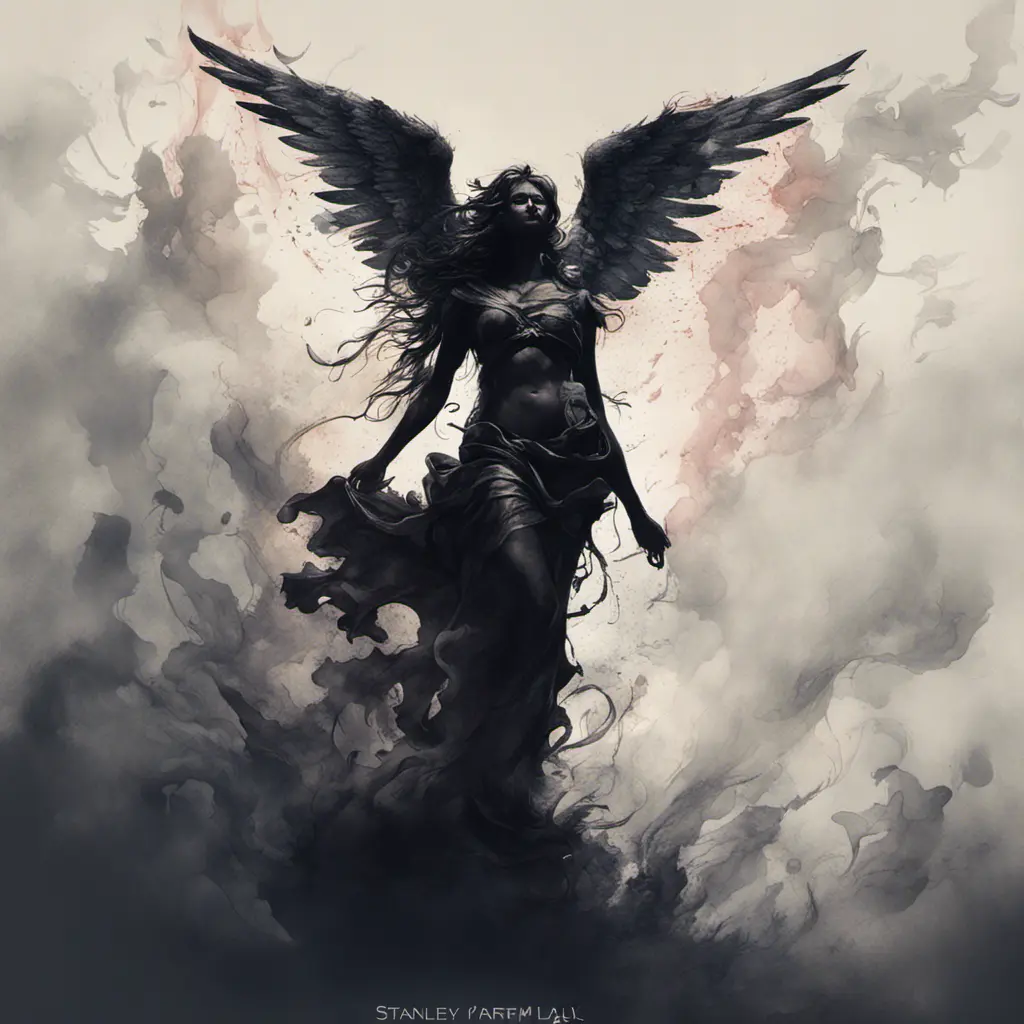 Silhouette of an Angel emerging from the fog of war, ink splash, Highly Detailed, Vibrant Colors, Ink Art, Fantasy, Dark by Stanley Artgerm Lau