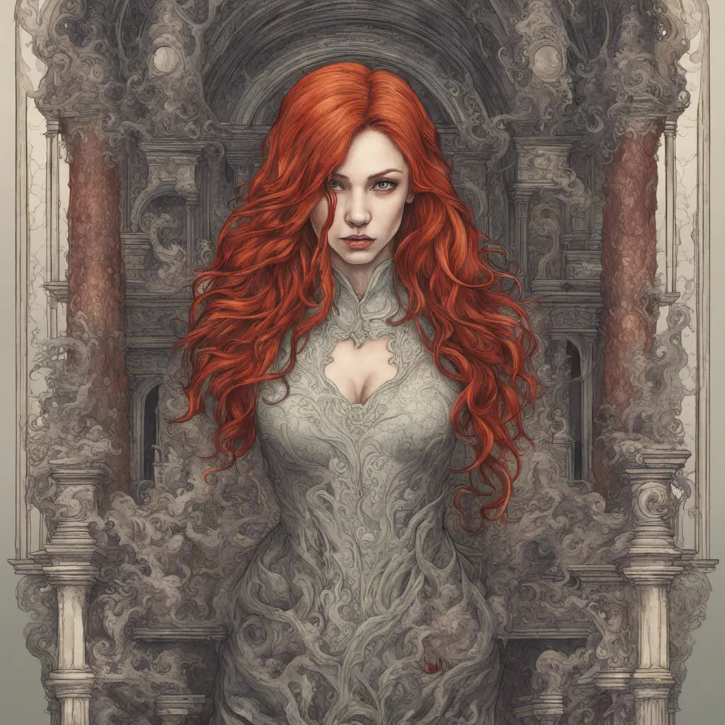 Woman with draconian traits and red hair in a haunted castle, Intricate Details, Fantasy