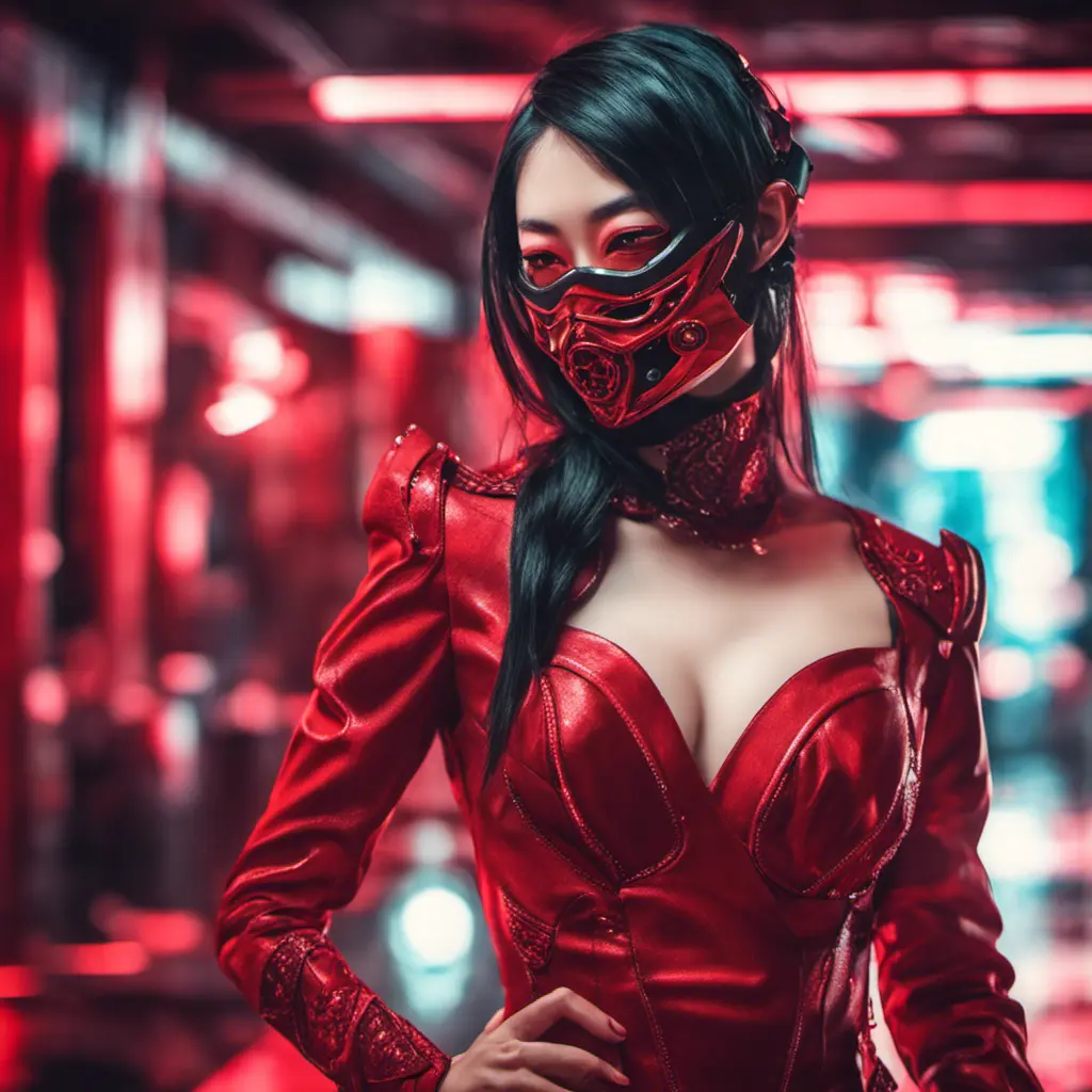 Asian cyberpunk feme fatale in expensive red dress with mask at a masquerade ball smart but dangerous in a high-tech club., Cyberpunk, Photo Realistic