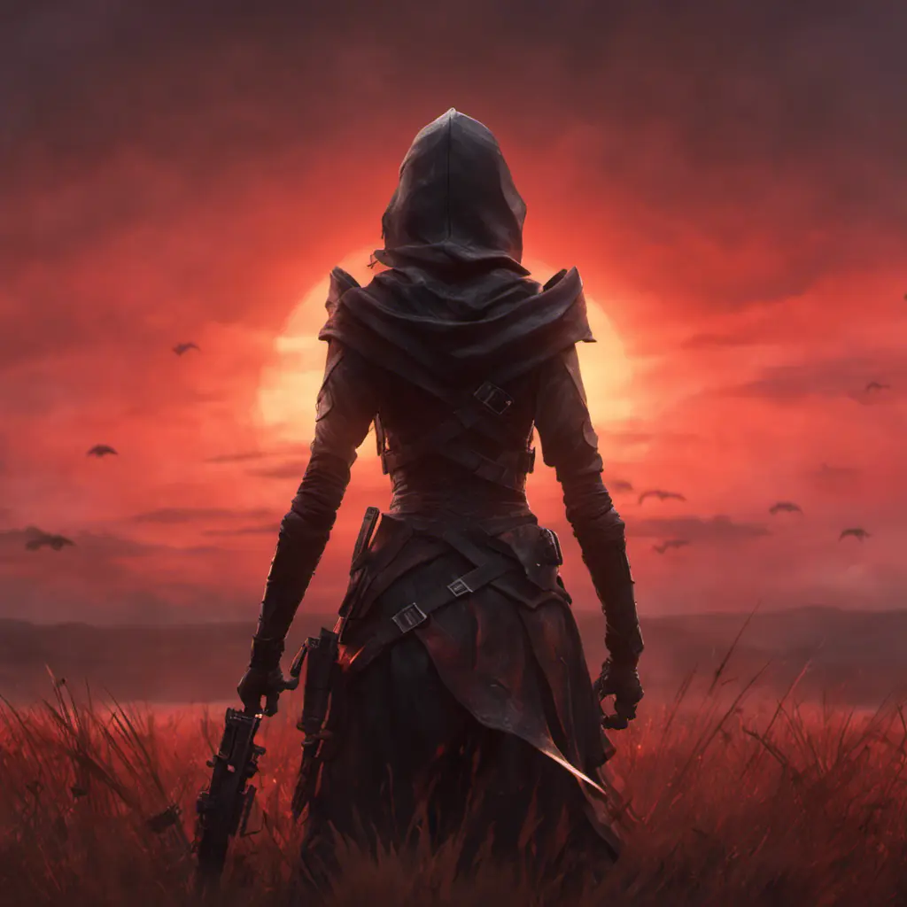 Back view of a female assassin on a batte field. The sky is colored by a red sun set., 8k, Dystopian, Trending on Artstation, Volumetric Lighting