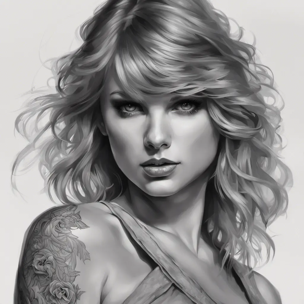 Matte portrait of Taylor Swift with colored tattoos, 4k, Highly Detailed, Powerful, Alluring, Artstation, Magical, Digital Painting, Photo Realistic, Sharp Focus, Grayscale, Volumetric Lighting, Concept Art by Stanley Artgerm Lau, Alphonse Mucha, Greg Rutkowski