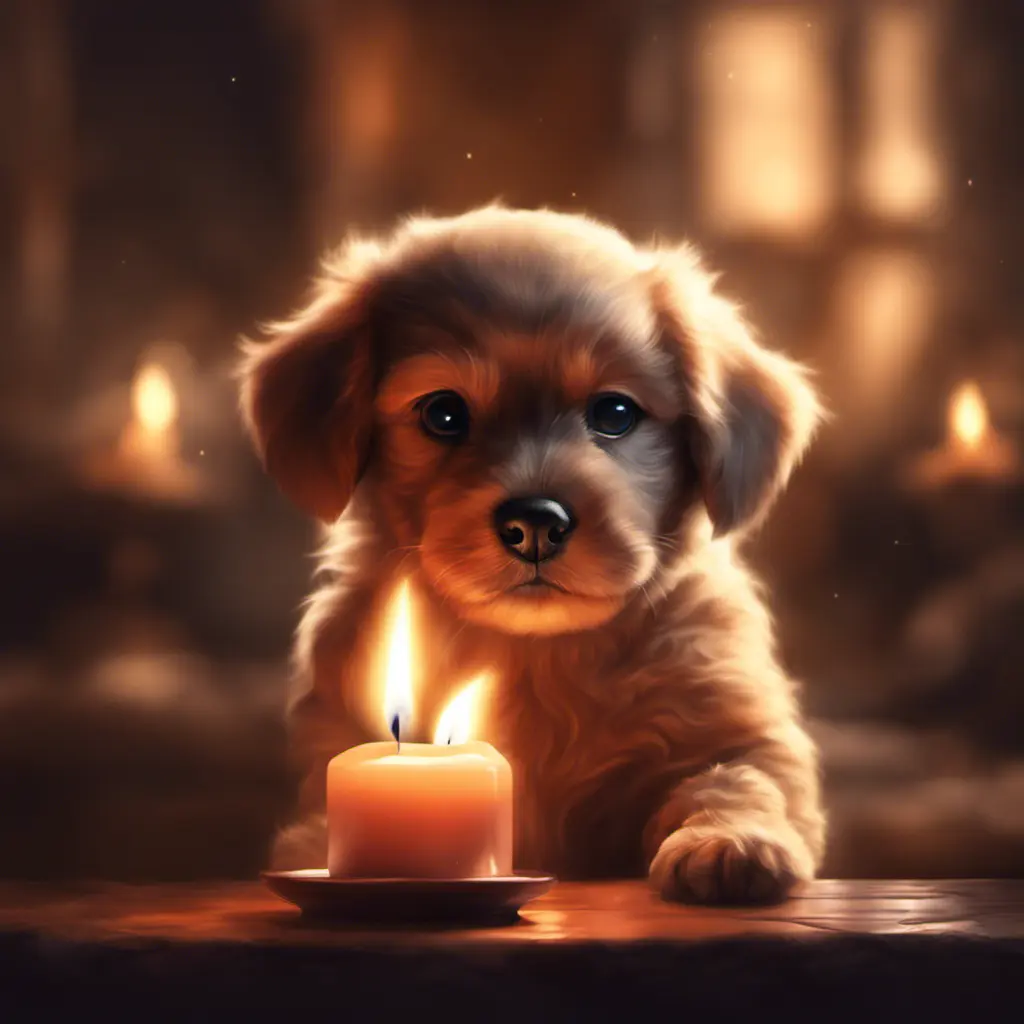 Epic shot of ultra cute puppy in a warm cozy evening candle lit atmosphere, Digital Painting, Photo Realistic, Sharp Focus