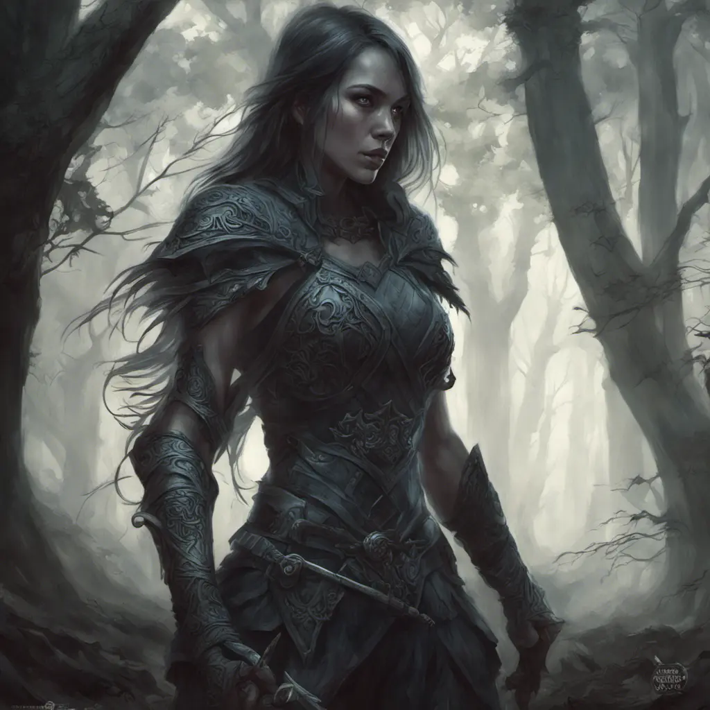 Female warrior in a haunted forest, Highly Detailed, Intricate, Gothic, Volumetric Lighting, Fantasy, Dark by Stanley Artgerm Lau