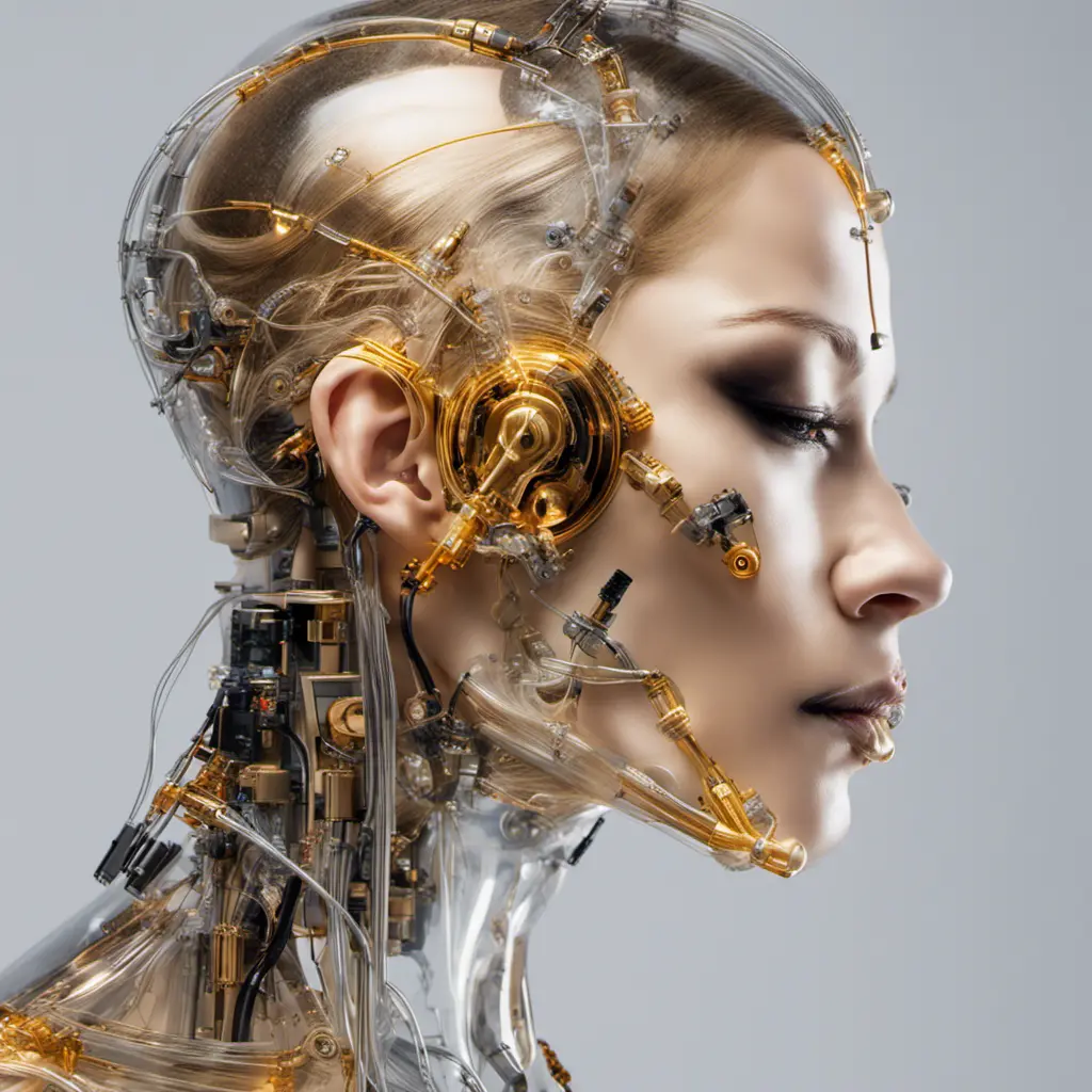 Profile Photography of a cyborg woman head without body, connected by cables and wires and LED, an attractive transparent gold plexiglass body punk PLC Robots with silver motor head, with ray guns, 80 degree view, Cybernatic and Sci-Fi by Salvador Dali, James Jean, Natalie Shau