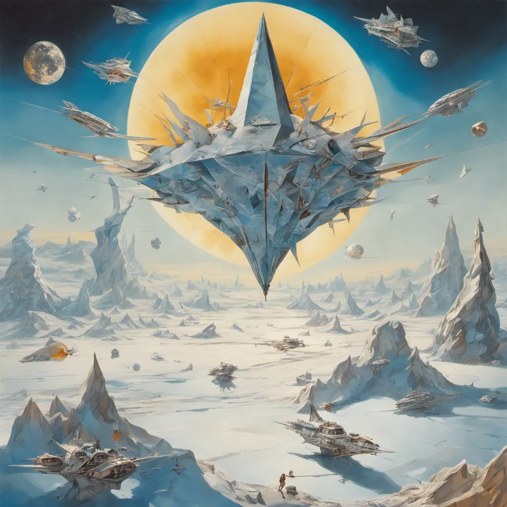 large landscape Photography, a large origami spaceship sailing in space around a frozen planet is attacked by enemy rockets, 80 degree view, 8k, Sci-Fi by Salvador Dali, James Jean