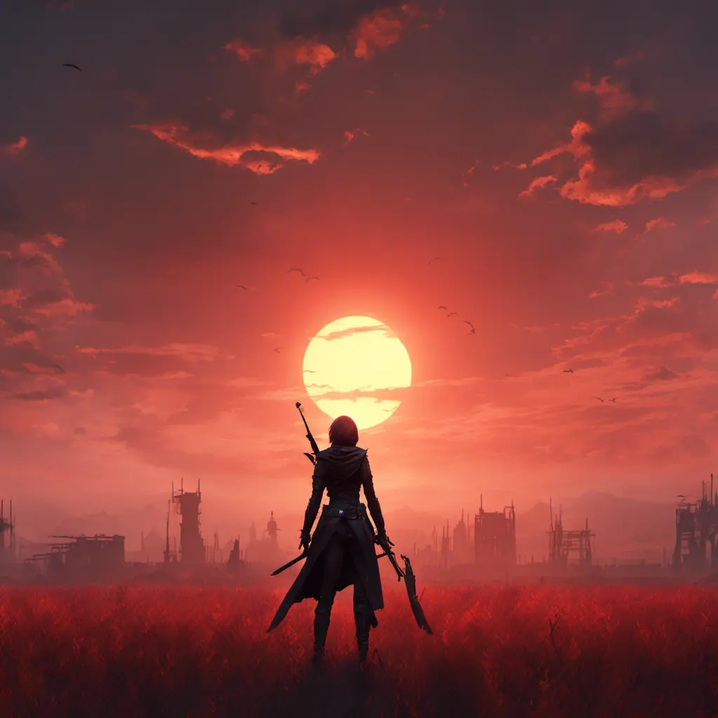 Back view of a female assassin on a batte field. The sky is colored by a red sun set., 8k, Dystopian, Trending on Artstation, Volumetric Lighting