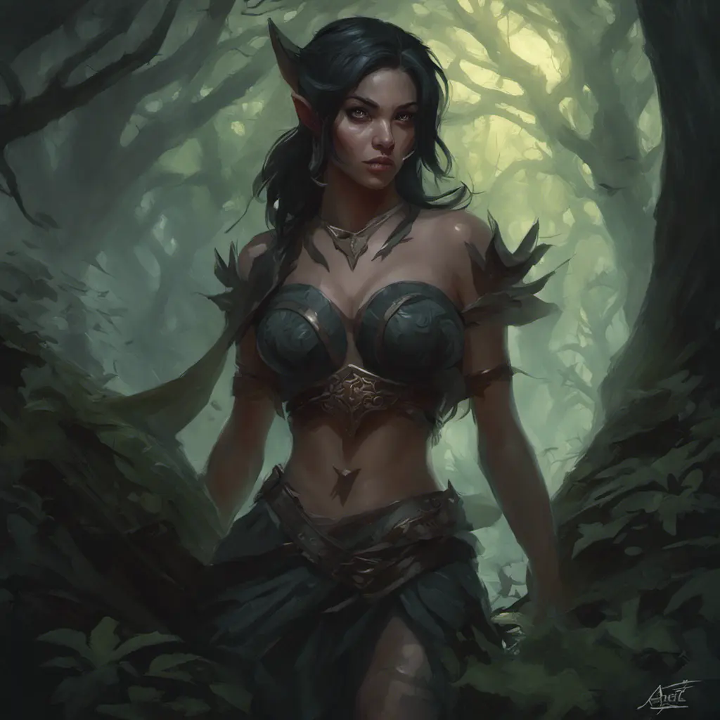 Nidalee in a haunted forest, Highly Detailed, Intricate, Gothic, Volumetric Lighting, Fantasy, Dark by Stanley Artgerm Lau