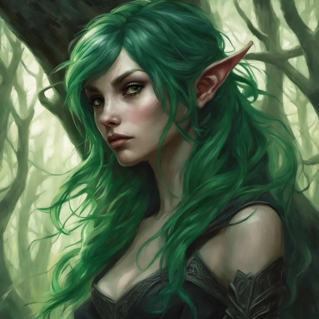 Green haired half-elf in a haunted forest, Highly Detailed, Intricate, Gothic, Volumetric Lighting, Fantasy, Dark by Stanley Artgerm Lau