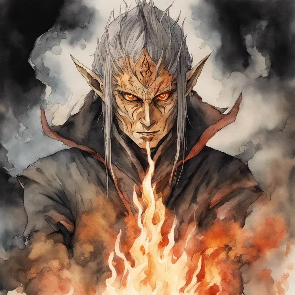 Sauron from LOTR in his elven form in flames and smoke in naruto, Watercolor, Anime, Dark