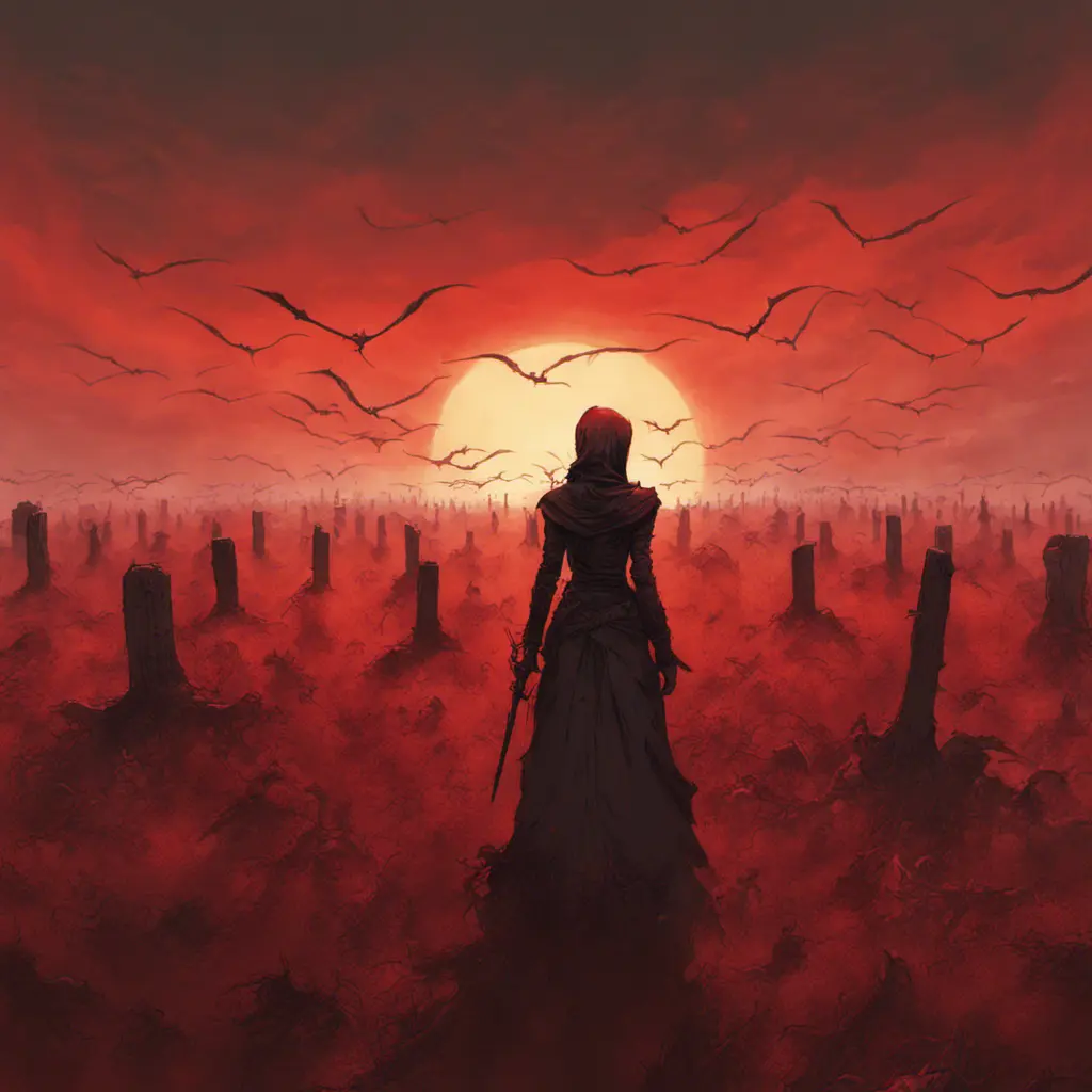 Back view of an assassin woman on a batte field covered by corpses. The sky is colored by a red sun set, Dystopian, Volumetric Lighting