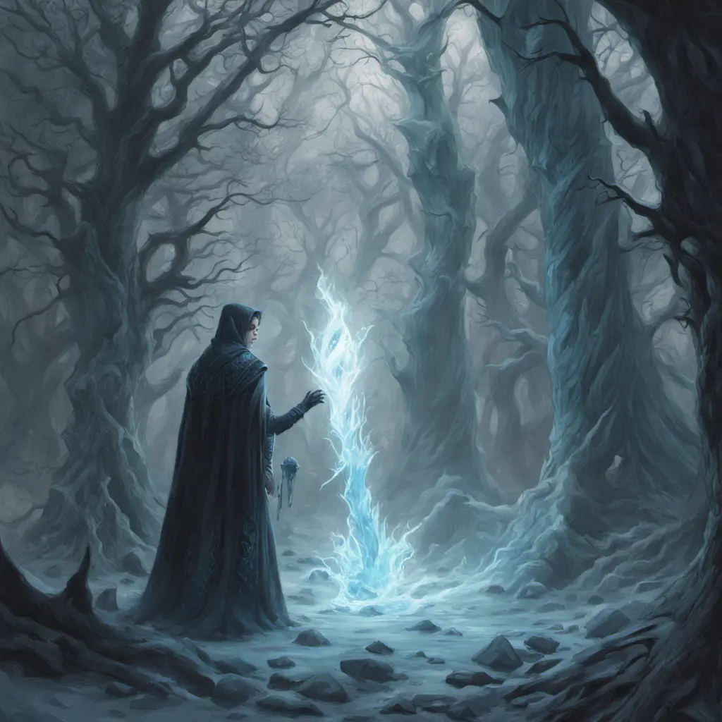 Ice mage in a haunted forest, Highly Detailed, Intricate, Gothic, Volumetric Lighting, Fantasy, Dark by Stanley Artgerm Lau