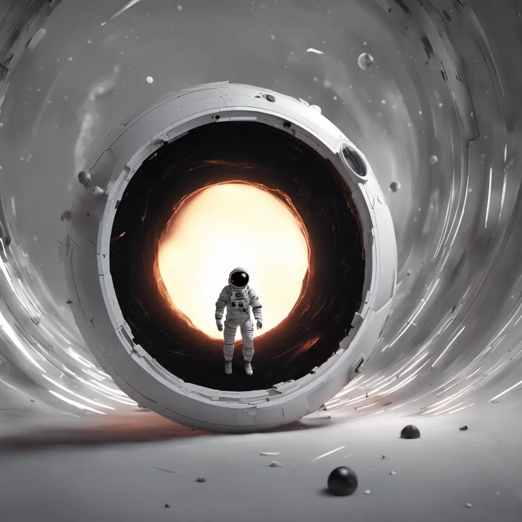 Digital art of Black hole containing strange object astronaut, Sci-Fi, Volumetric Lighting