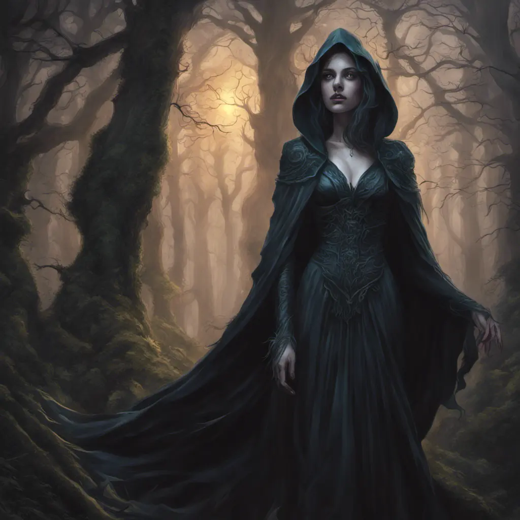 Sorceress in a haunted forest, Highly Detailed, Intricate, Gothic, Volumetric Lighting, Fantasy, Dark by Stanley Artgerm Lau