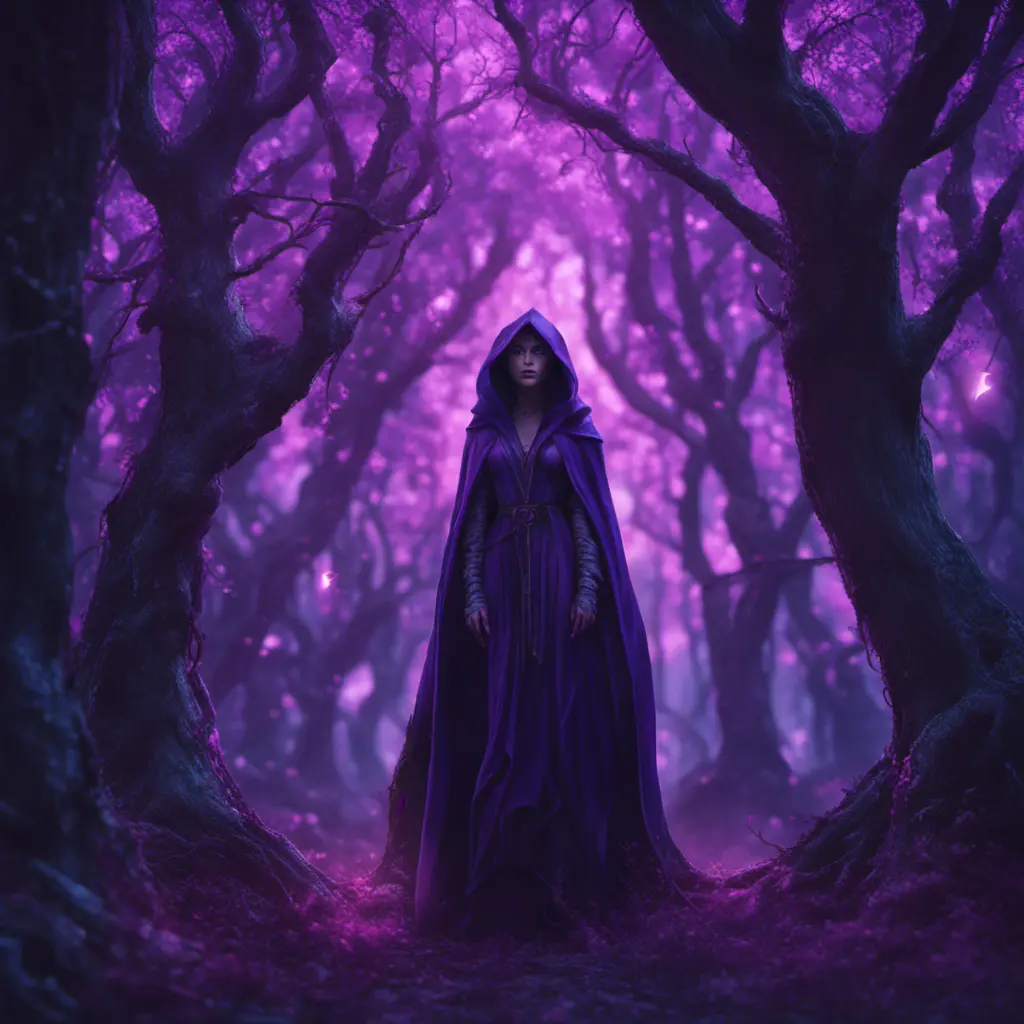 A mysterious witch cloaked in purple chaos energy, standing in a dark forest of salix trees, glowing with a powerful energy, 8k, High Definition, Highly Detailed, Trending on Artstation, Darkwave, Epic, Isometric, Cinematic Lighting, Smooth, 3D Rendering, Octane Render, Vibrant Colors, Ominous by Stanley Artgerm Lau, Zdzislaw Beksinski, H. R. (Hans Ruedi) Giger