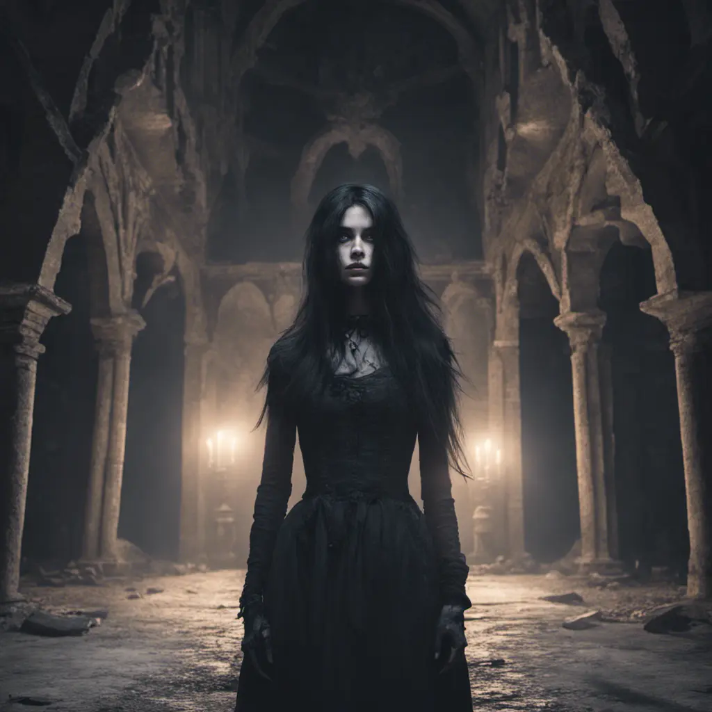 Female ghost with raven hair and black eyest in a creepy castle at night, 8k, Dystopian, Dark