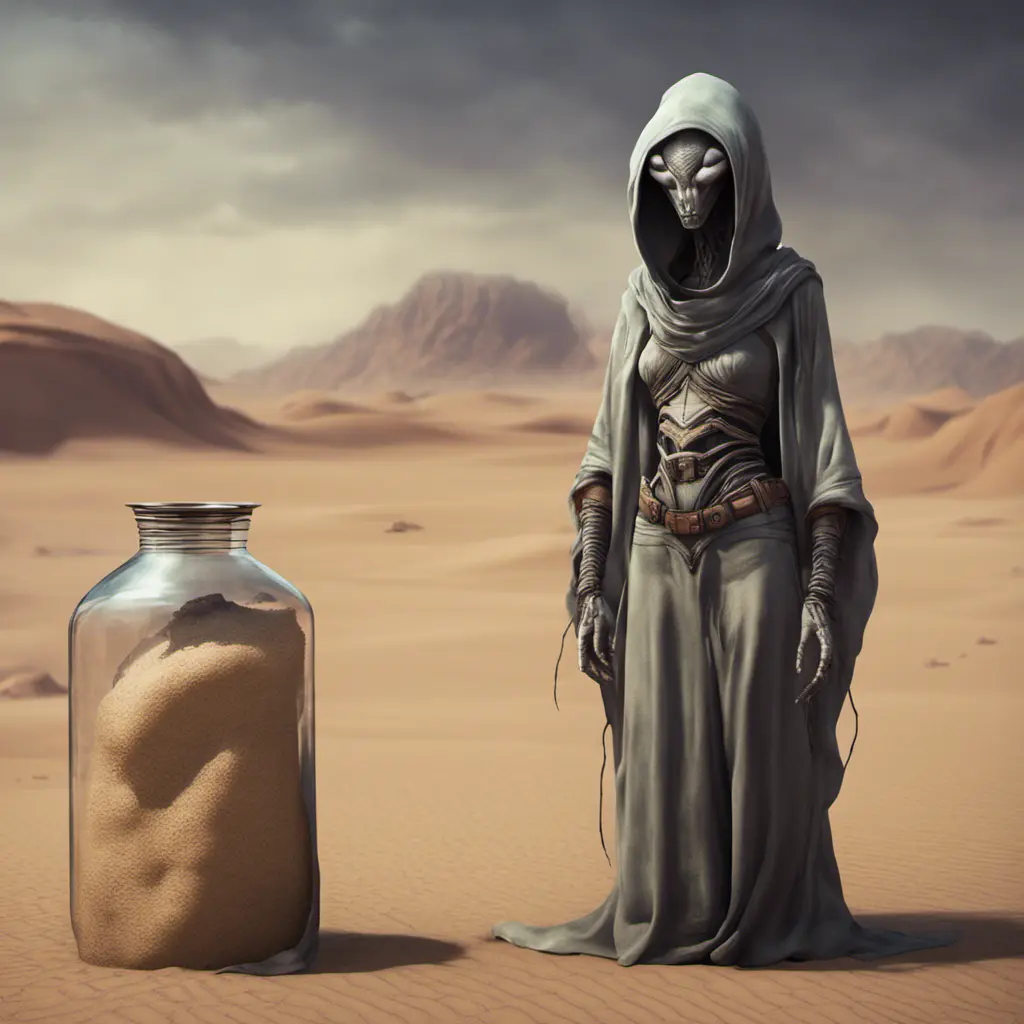 Very slim and tall female alien creature merchant on a desert un the market of a alien planet, suspicious look, hooded, selling caged alien vermin, western shot, Hyper Realistic