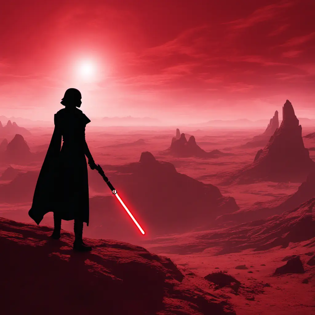 Portrait of a silhouette star wars female jedi with her red lightsaber, on an alien planet, in the style of evocative environmental portraits, dark, red, Sci-Fi, Volumetric Lighting