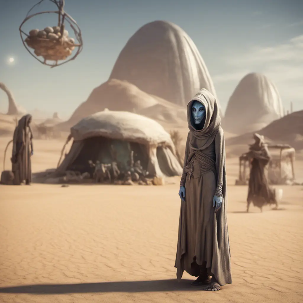 Very slim and tall female alien creature merchant on a desert un the market of a alien planet, suspicious look, hooded, selling caged alien vermin, western shot, Hyper Realistic