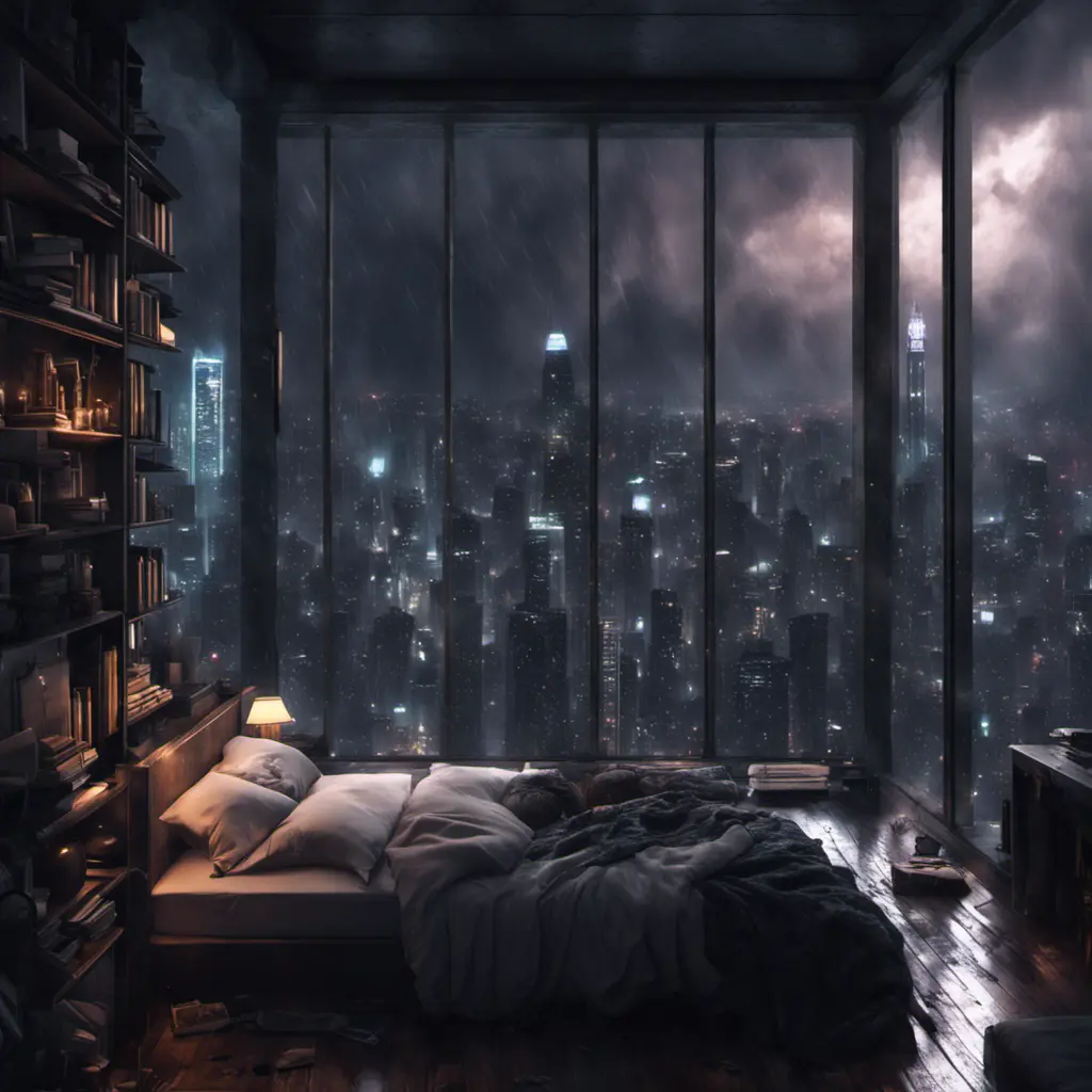 Beautiful cozy, tiny, cramped bedroom with floor to ceiling glass windows overlooking a cyberpunk city at night, view from top of skyscraper, bookshelves, thunderstorm outside with torrential rain, 8k, Highly Detailed, Photo Realistic, Dark, Gloomy