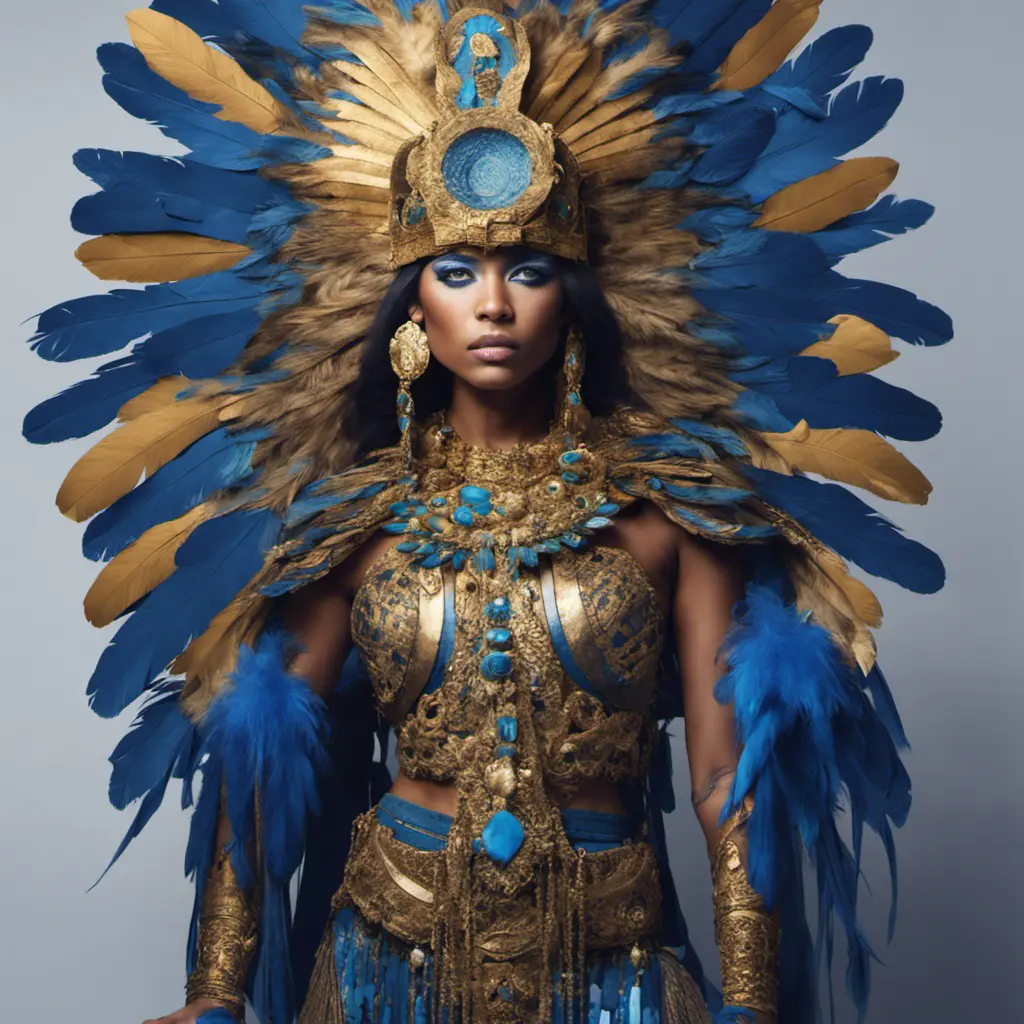 A tan skin Mayan queen all blue and gold elaborate outfit, with huge headpiece center piece, blue/gold makeup with oversized headdress with long bird feathers, with depth of field, fantastical edgy and regal themed outfit, Minimalism, Vibrant Colors, Fantasy