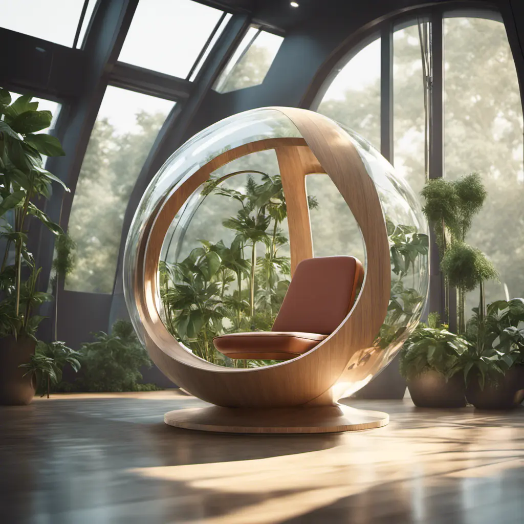 Futuristic sci-fi pod chair, Flat Design, Product-View, transparent orb, product photography, plants, natural wooden environment, 8k, Sci-Fi, Natural Light