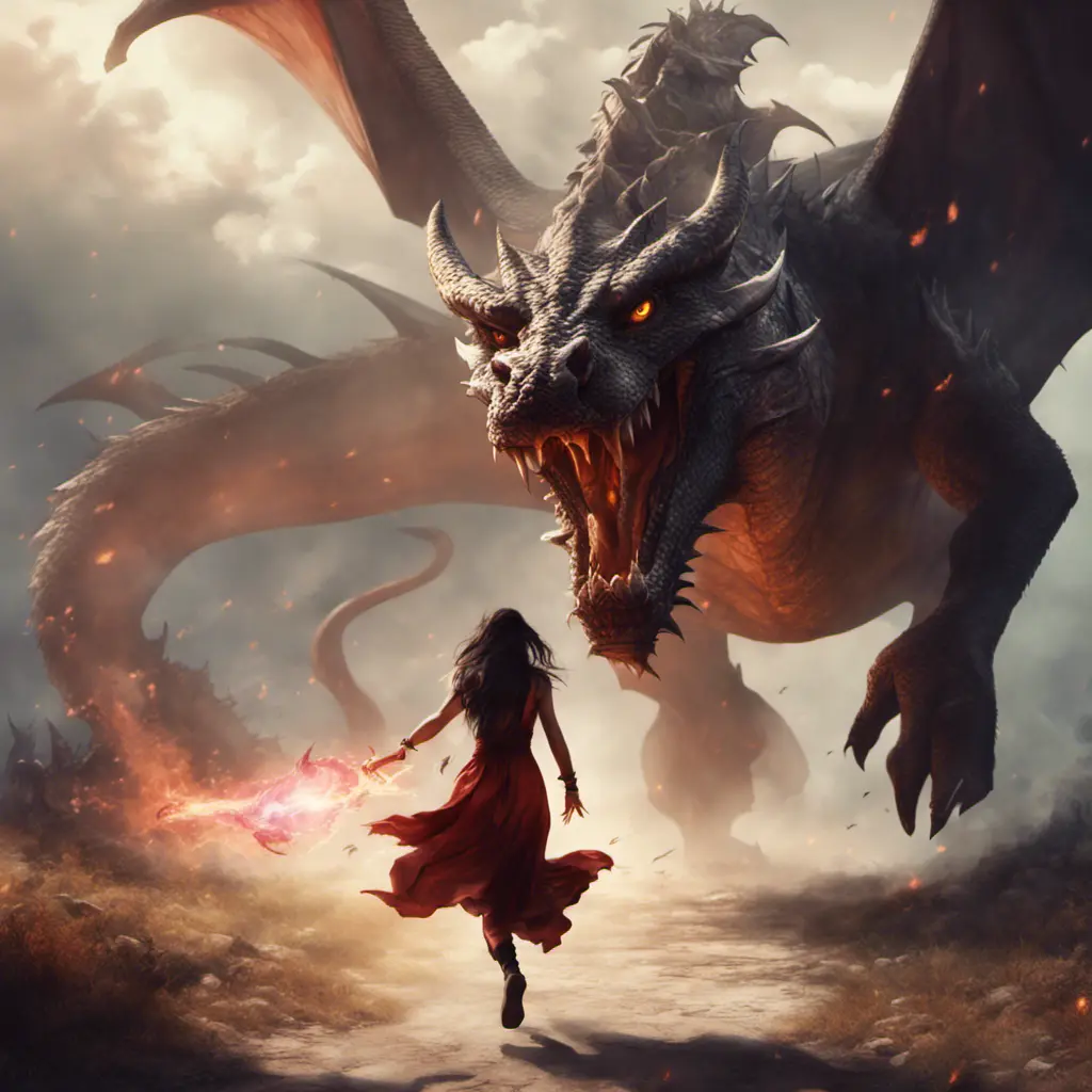 Beautiful sorceress girl running away from dragon, Gothic and Fantasy, Stunning, Digital Painting, Cinematic Lighting, Sharp Focus