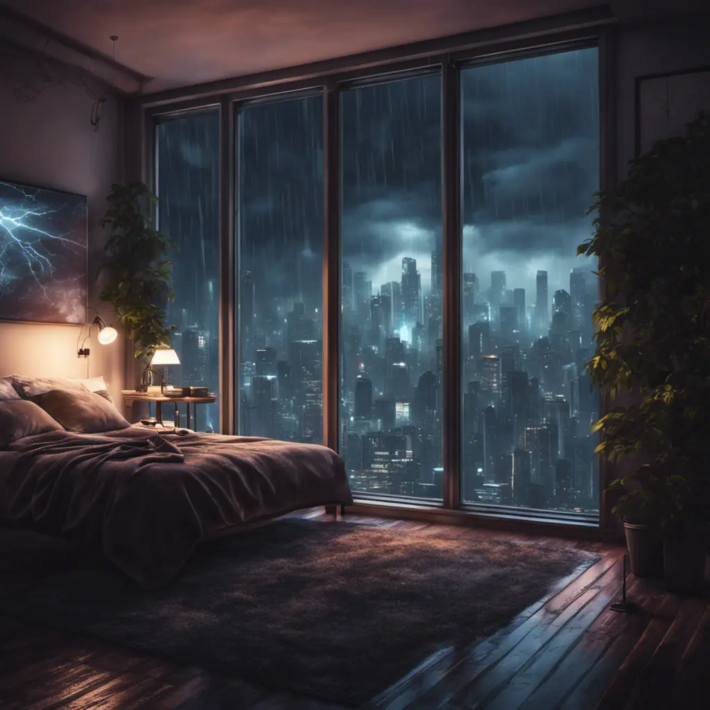 Beautiful cozy bedroom with floor to ceiling glass windows overlooking a cyberpunk city at night, thunderstorm outside with torrential rain, High Resolution, Highly Detailed, Darkwave, Gloomy