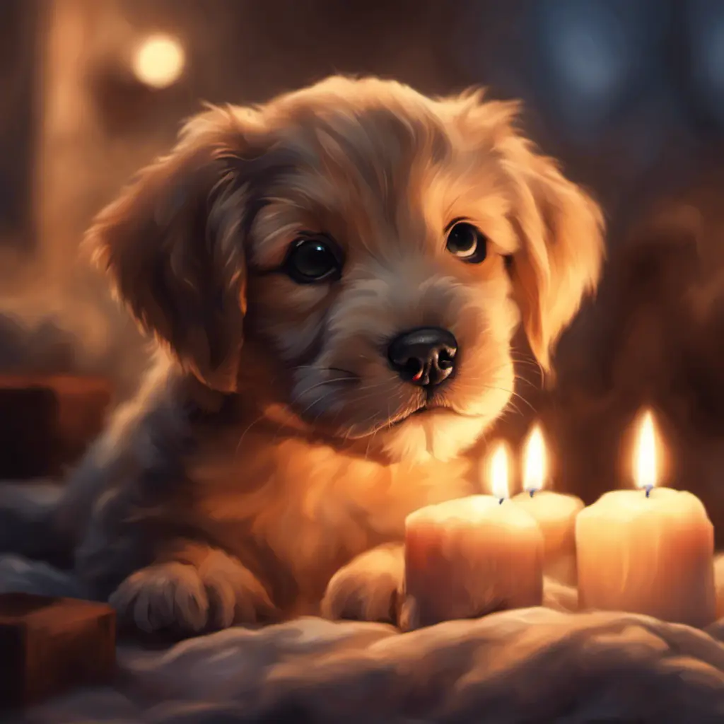 Epic shot of ultra cute puppy in a warm cozy evening candle lit atmosphere, Digital Painting, Photo Realistic, Sharp Focus