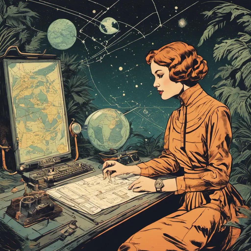 A woman dressed in an old-fashioned space outfit, with a constellations map in a desk and an astrolab in the hand in a jungle. Detailed image with vintage vidéo game animation style, with great lighting and tension., Vintage Illustration, Retro-Futurism