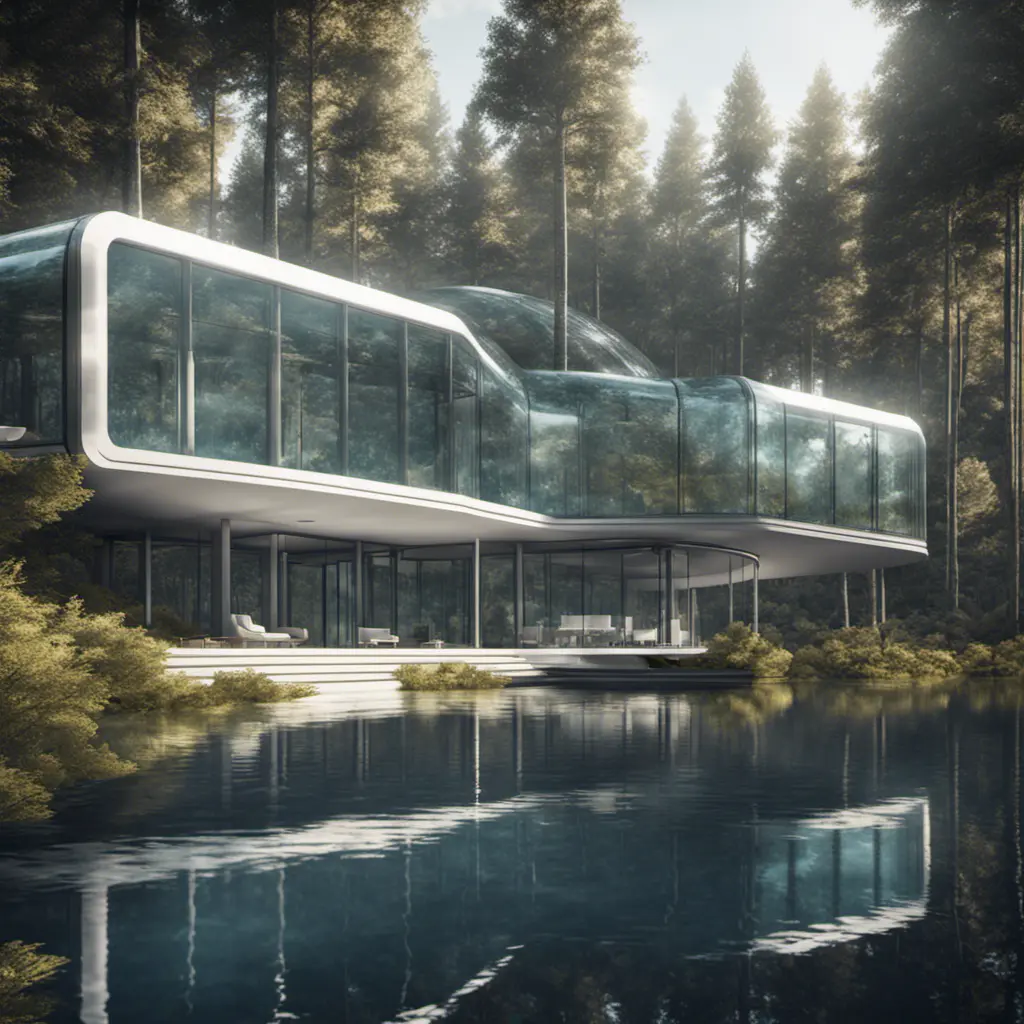 Beautiful futuristic architectural glass house in the forest on a large lake, 8k, Award-Winning, Highly Detailed, Beautiful, Epic, Octane Render, Unreal Engine, Radiant, Volumetric Lighting by Santiago Calatrava