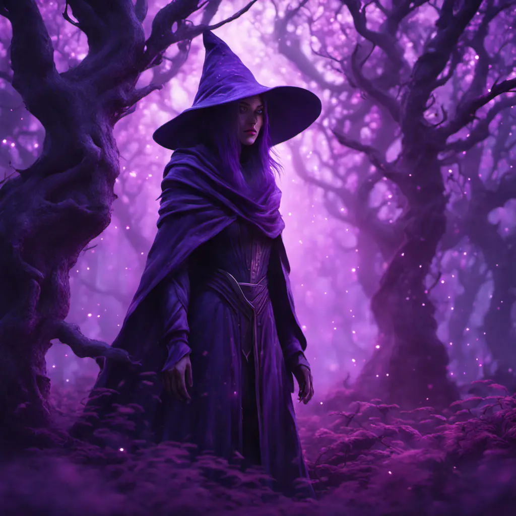 A mysterious witch cloaked in purple chaos energy, standing in a dark forest of salix trees, glowing with a powerful energy, 8k, High Definition, Highly Detailed, Trending on Artstation, Darkwave, Epic, Isometric, Cinematic Lighting, Smooth, 3D Rendering, Octane Render, Vibrant Colors, Ominous by Stanley Artgerm Lau, Zdzislaw Beksinski, H. R. (Hans Ruedi) Giger